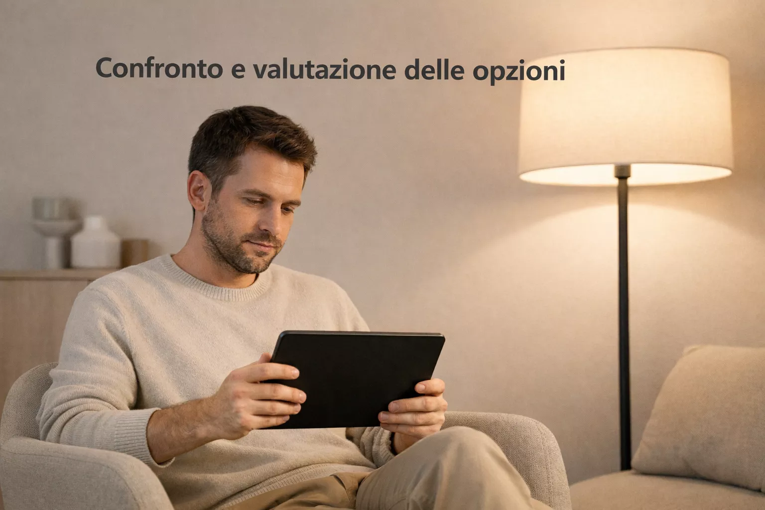 Persona concentrata che confronta diverse opzioni su un tablet