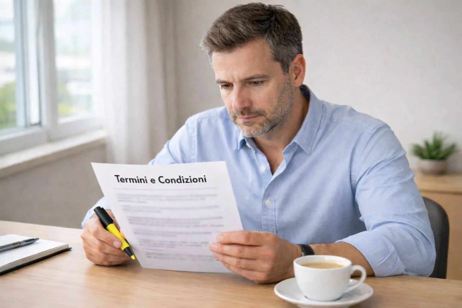 Persona che legge attentamente un documento con i termini e condizioni