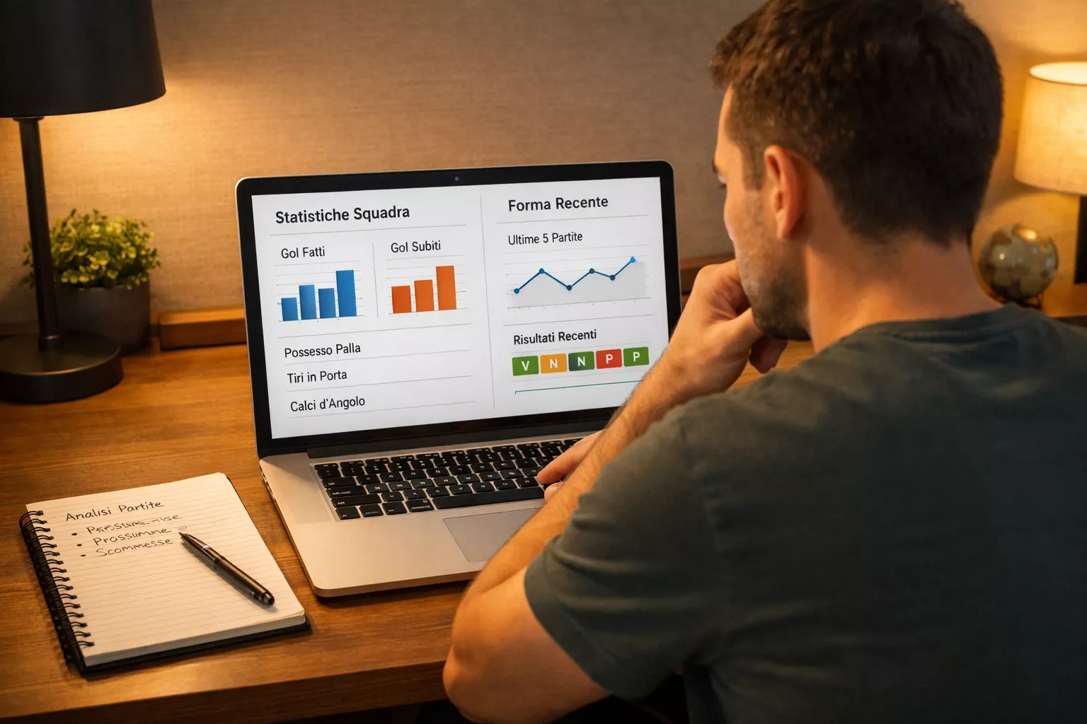 Persona che studia statistiche di calcio su un laptop