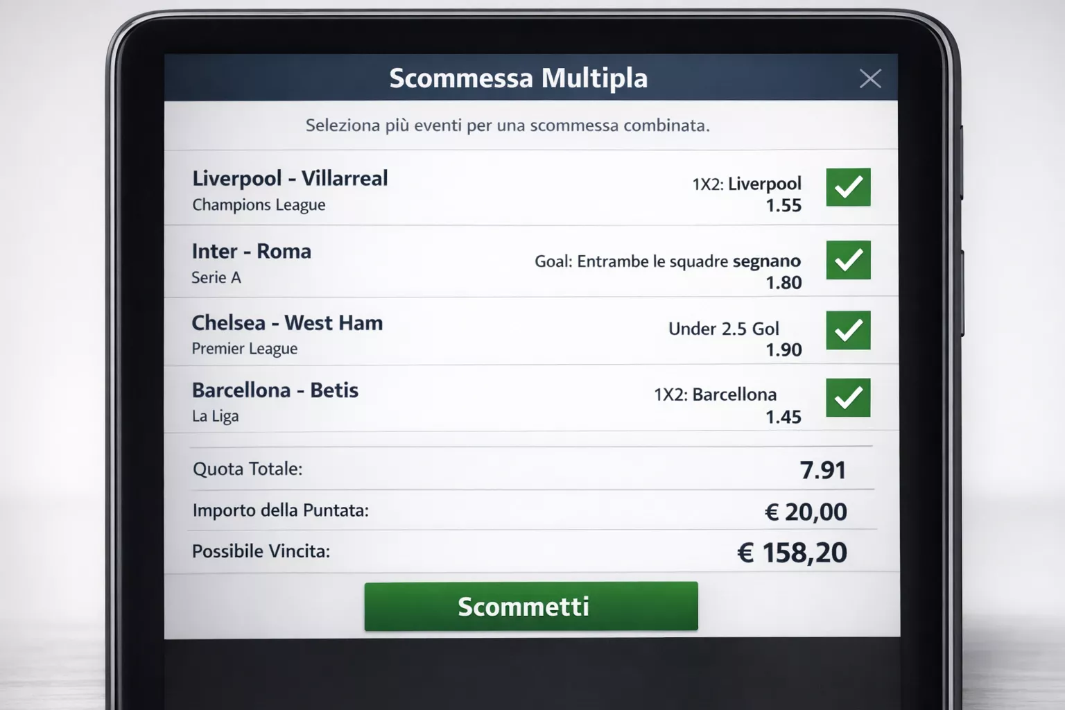 Schedina di scommesse con più selezioni evidenziate