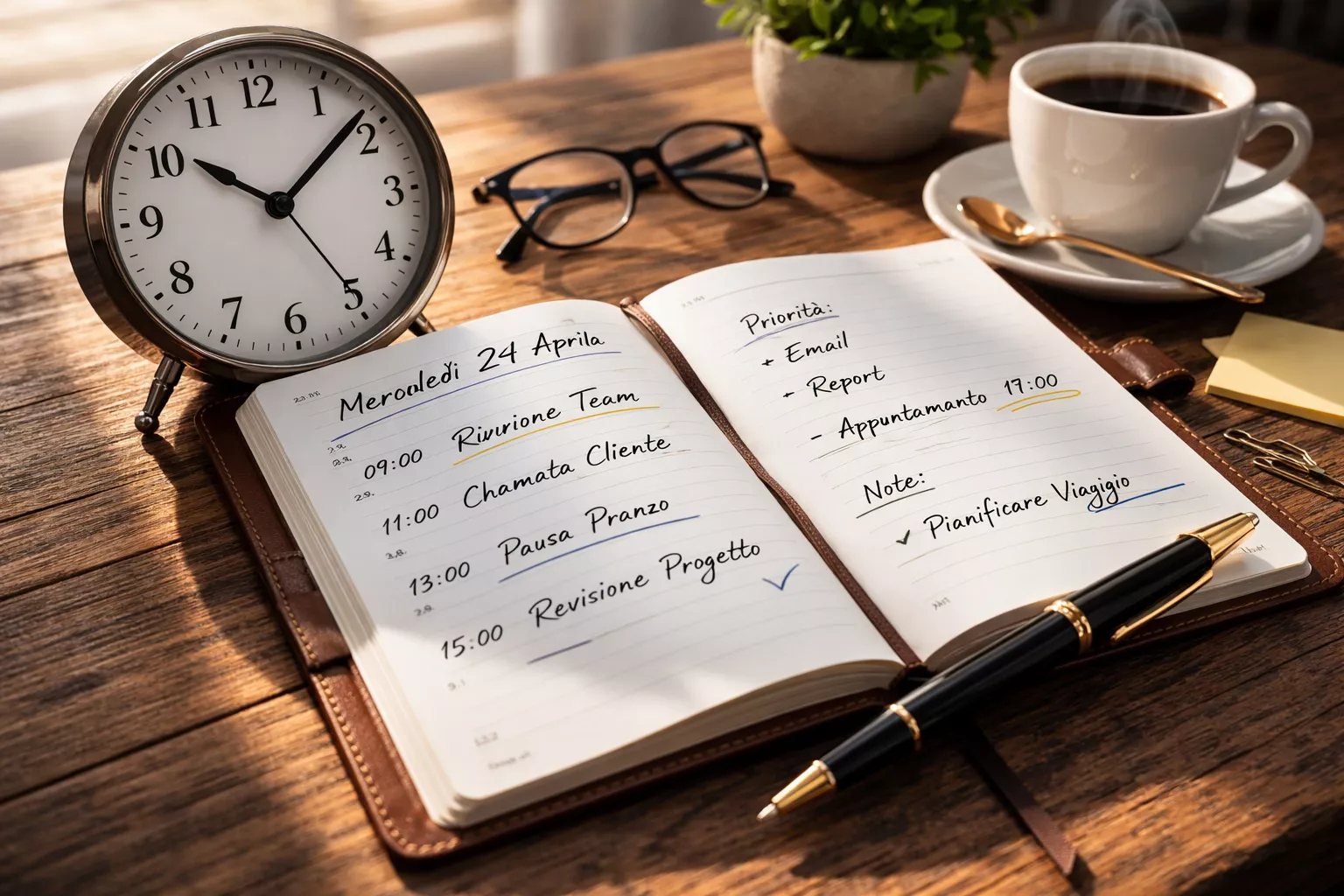 Orologio e agenda su una scrivania che indicano gestione del tempo