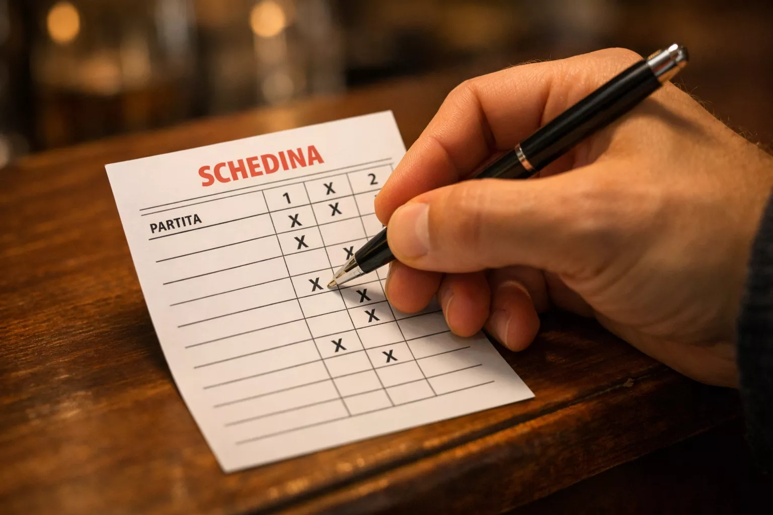 Mano che compila una schedina sportiva su carta