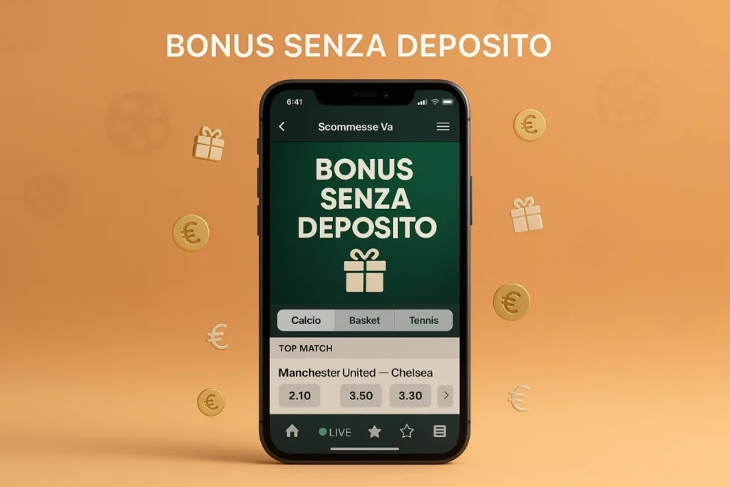 Bonus senza deposito per scommesse sportive - smartphone con app di betting e simboli euro