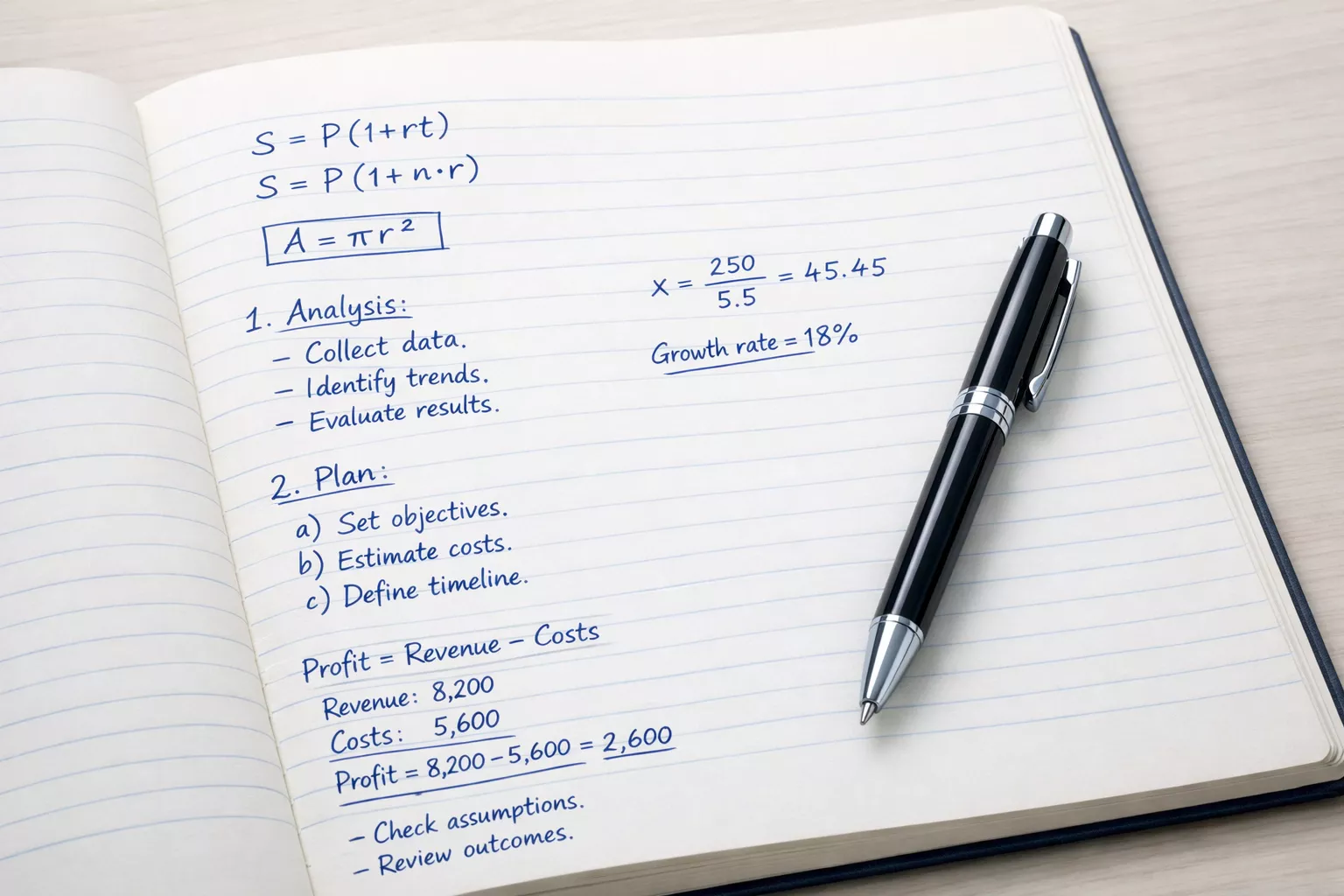 Appunti con formule e calcoli scritti a mano