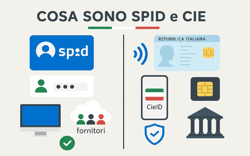 Infografica che spiega cosa sono SPID e CIE e le differenze tra i due sistemi di identità digitale