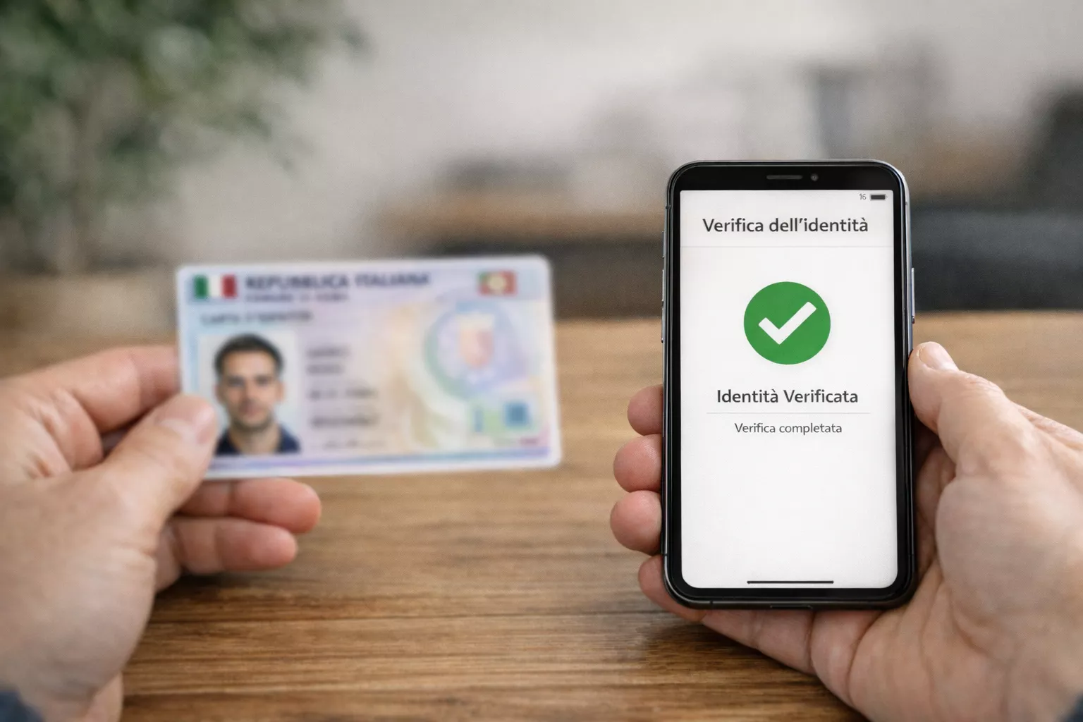 Persona che verifica la propria identità con smartphone e documento