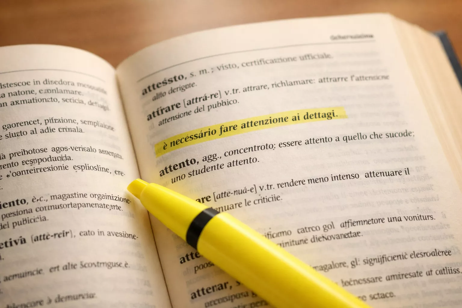 Dizionario aperto con testo evidenziato
