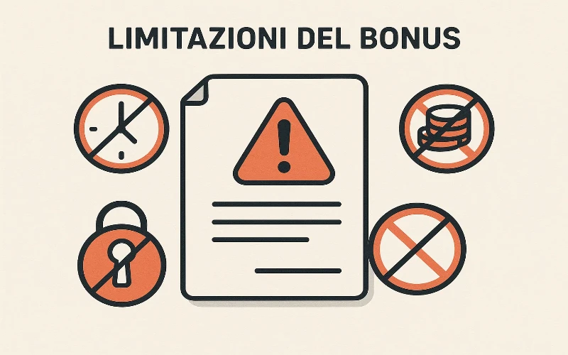 Avviso sulle limitazioni e termini dei bonus - documenti con icone di restrizioni e limiti