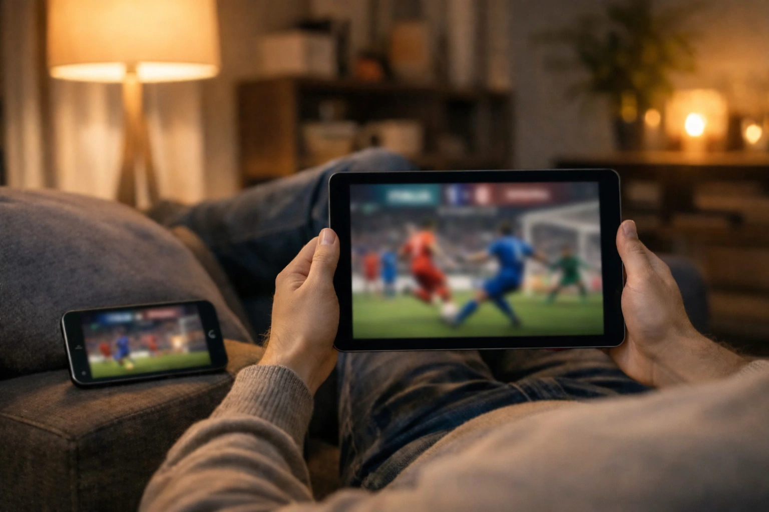 Persona che guarda sport su tablet mentre consulta lo smartphone