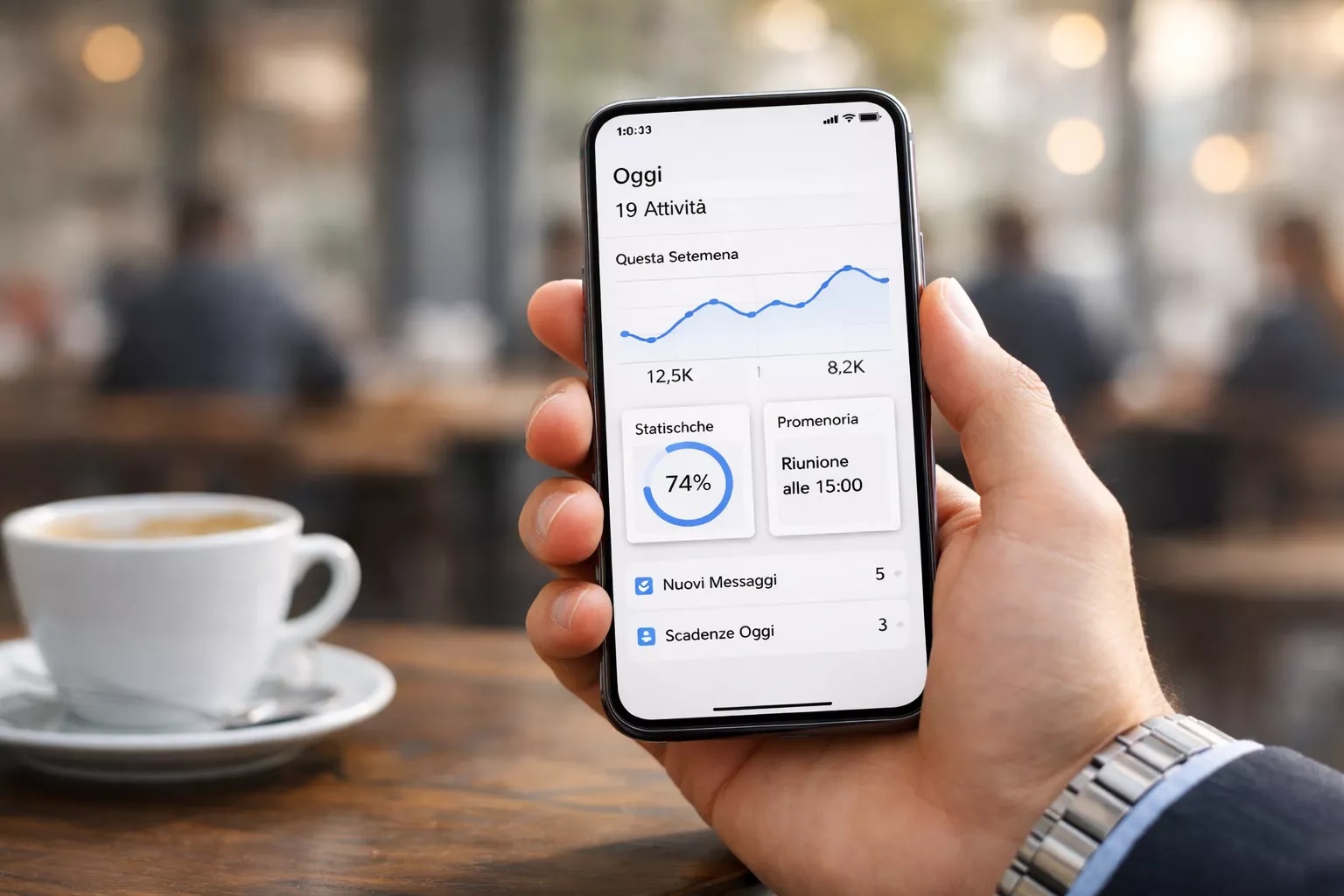 Mano che tiene uno smartphone con interfaccia moderna