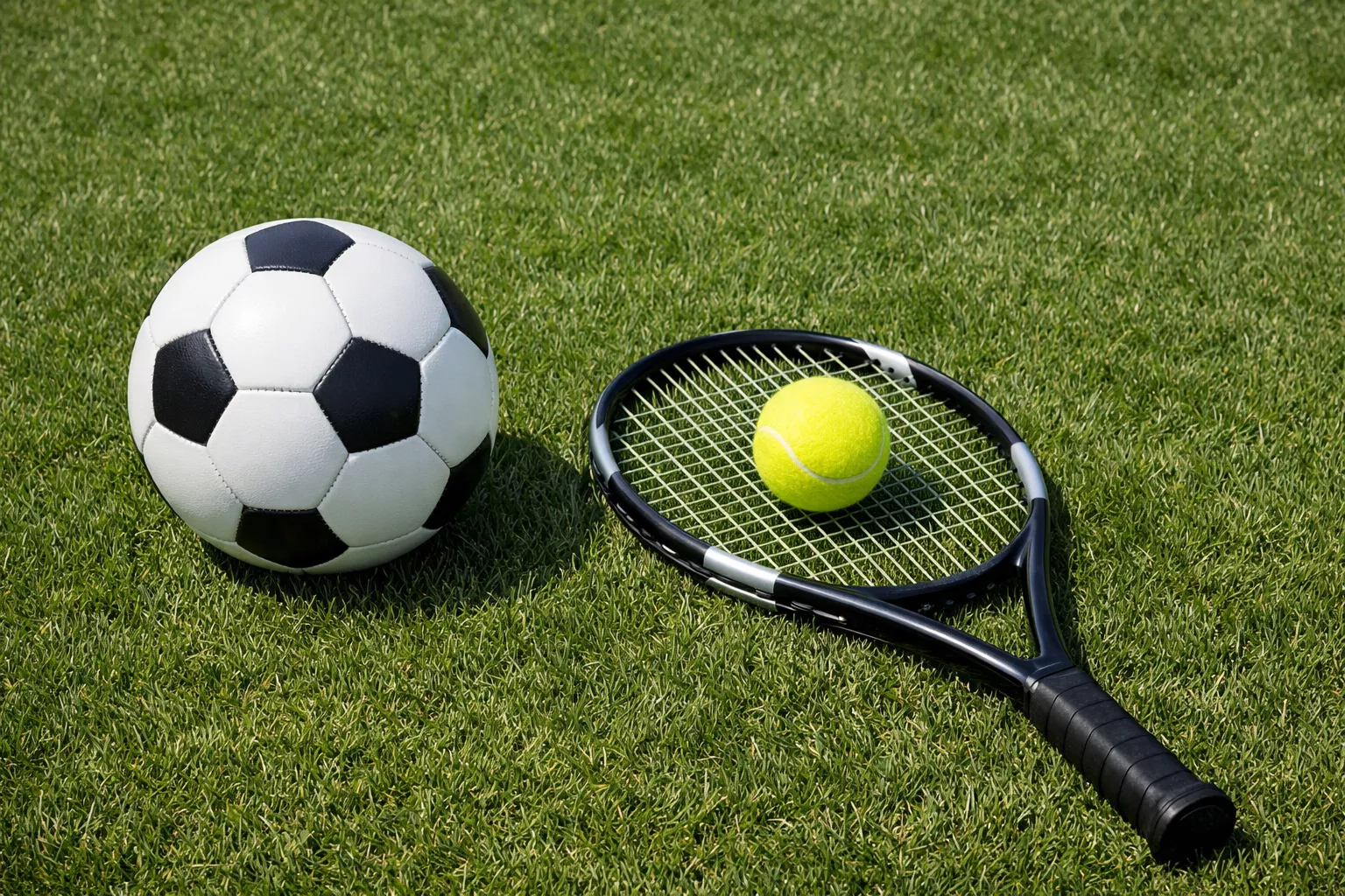 Pallone da calcio e racchetta da tennis su erba verde