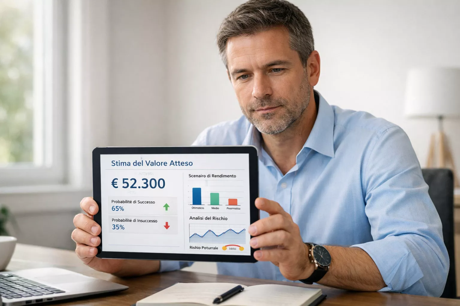 Persona che riflette analizzando dati su un tablet