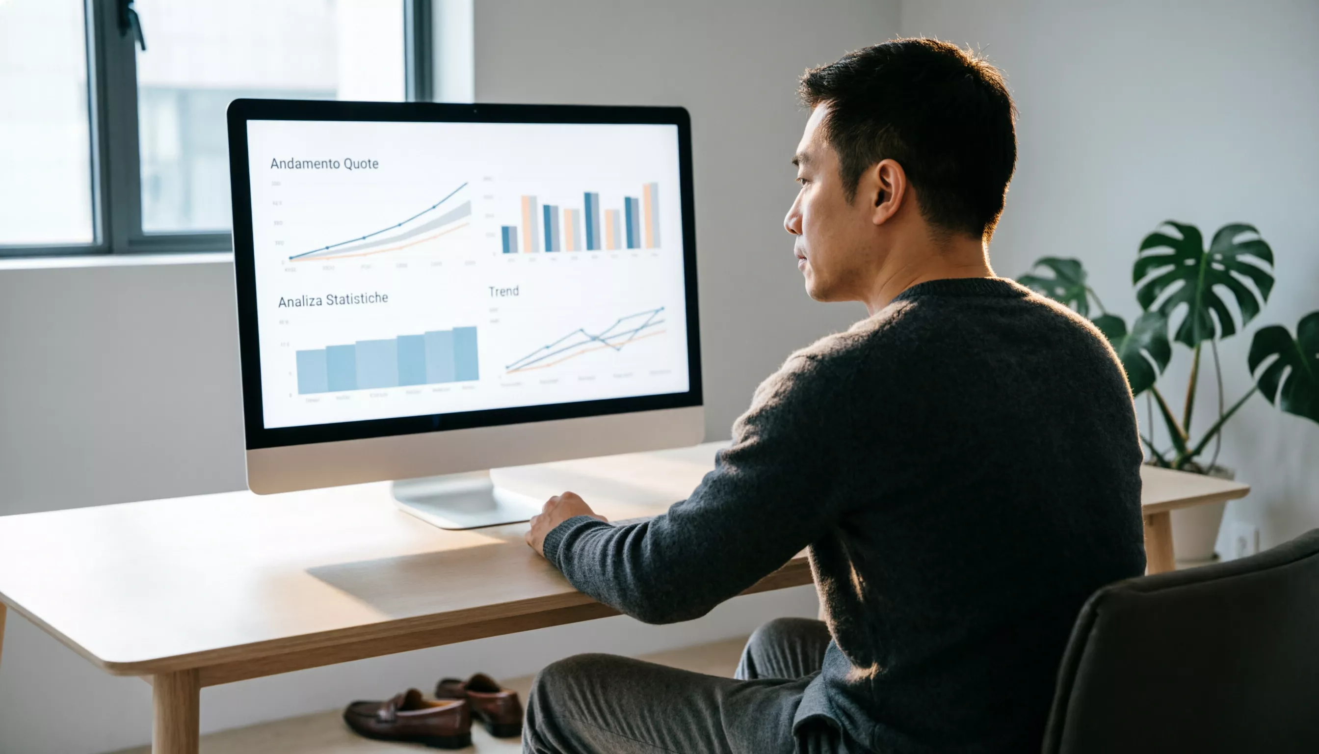 Persona che studia dati e statistiche su un monitor