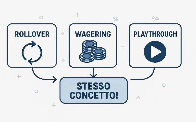 Infografica che mostra le differenze tra rollover, wagering e playthrough nei bonus di scommessa