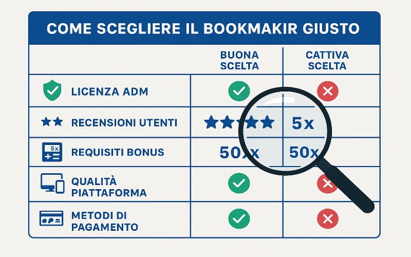 Criteri essenziali per scegliere il bookmaker giusto - licenza ADM, recensioni, requisiti bonus e qualità piattaforma