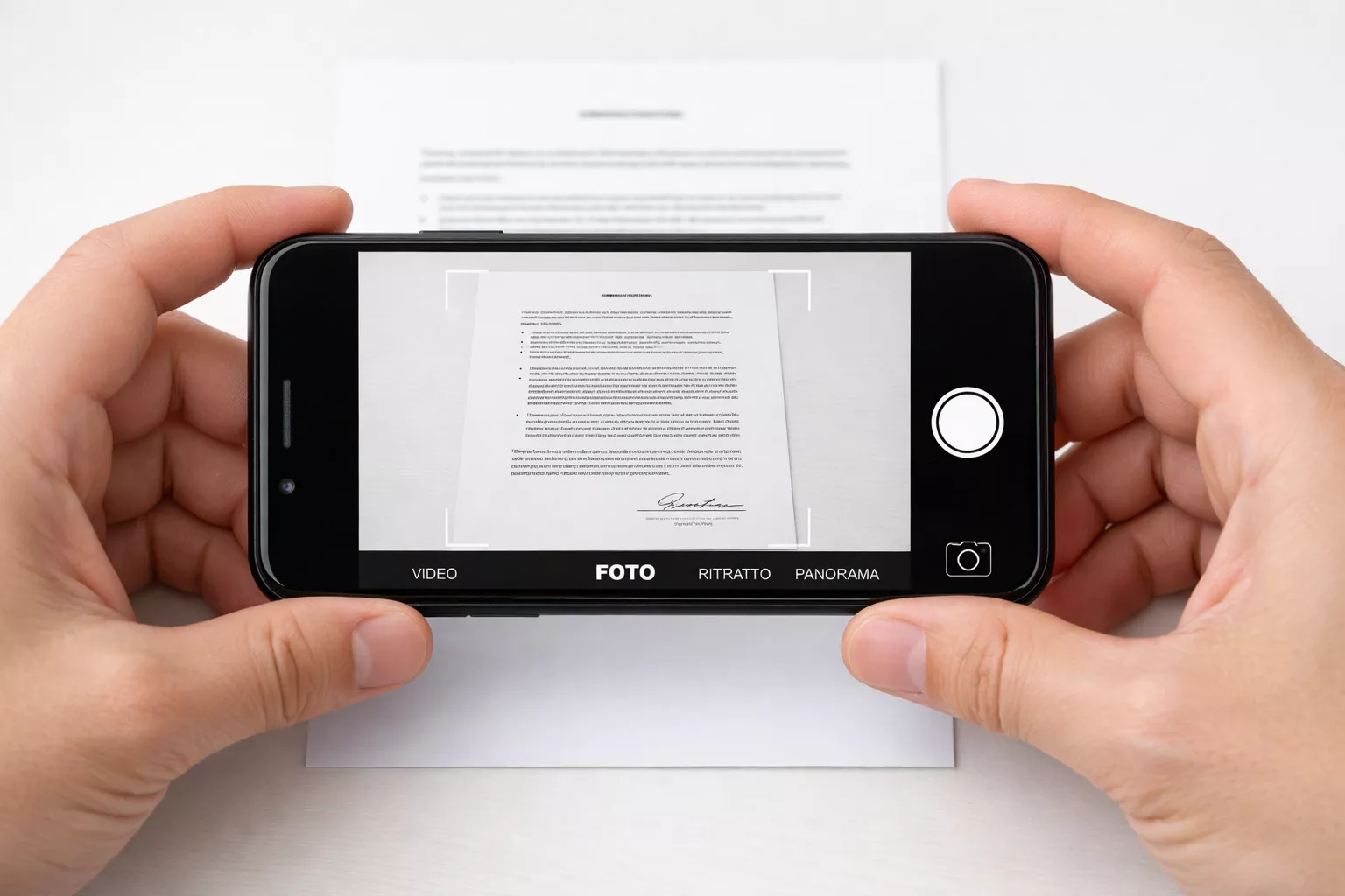Mani che fotografano un documento con lo smartphone